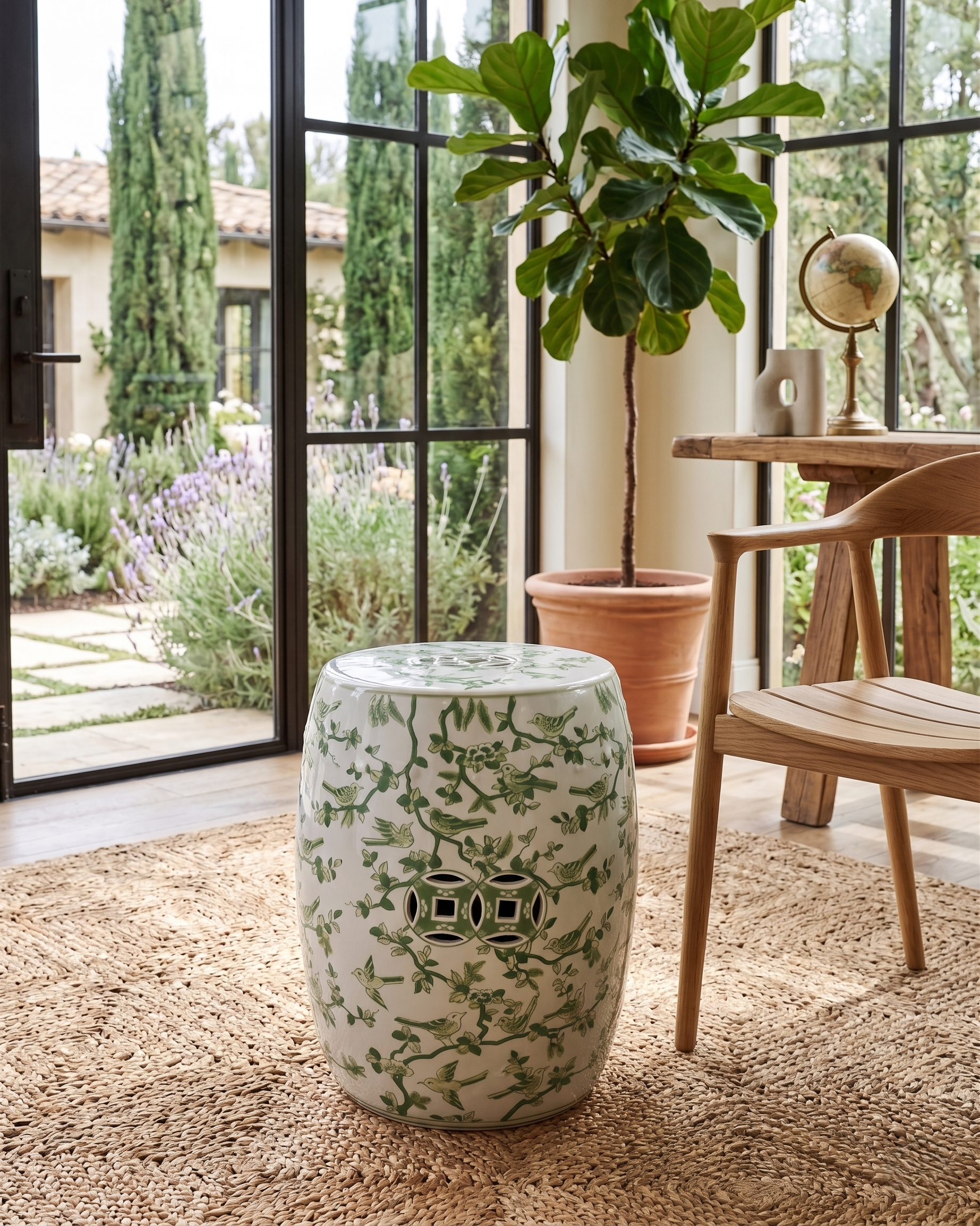 Garden Stool - Hvit og Grønn Med Små Fugler
