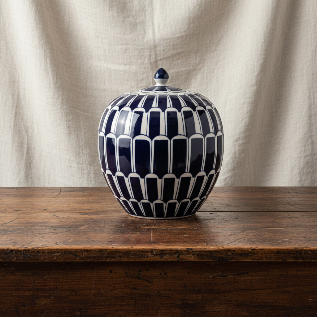 Tea Jar med geometrisk mørk blå mønster