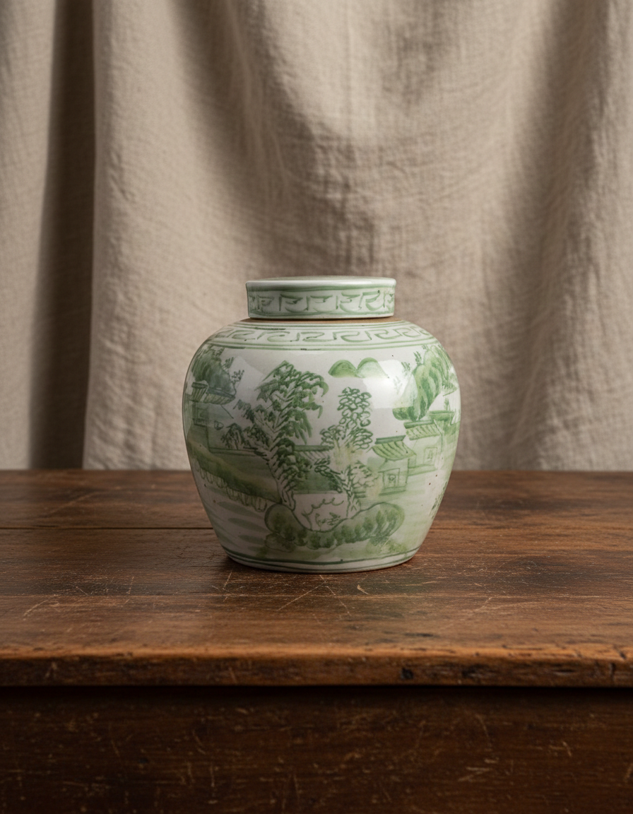 Tea Jar med grønt landskapsmotiv - og lokk