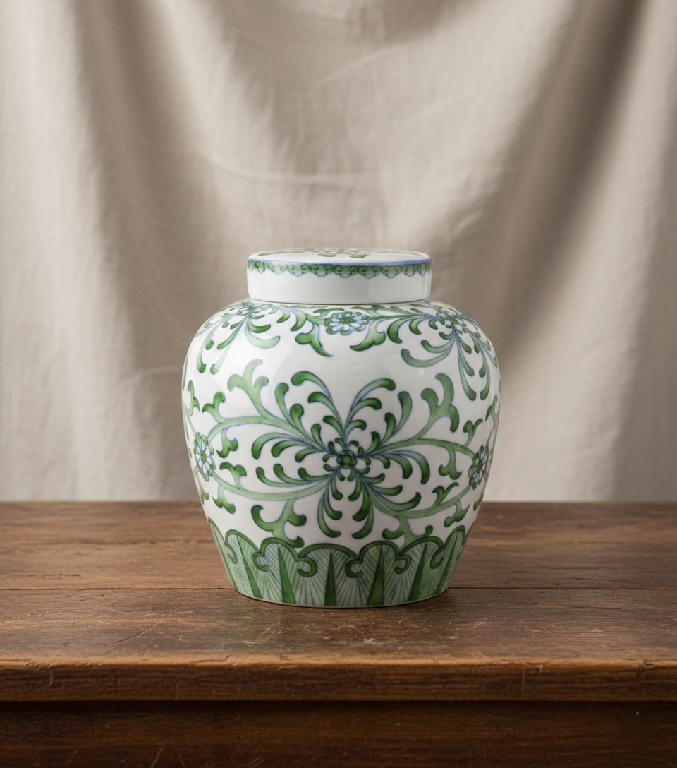 Grønn og hvit dobbel glasert Tea Jar