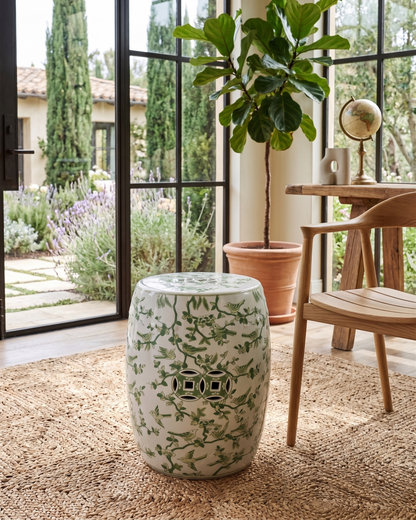 Garden Stool - Hvit og Grønn Med Små Fugler