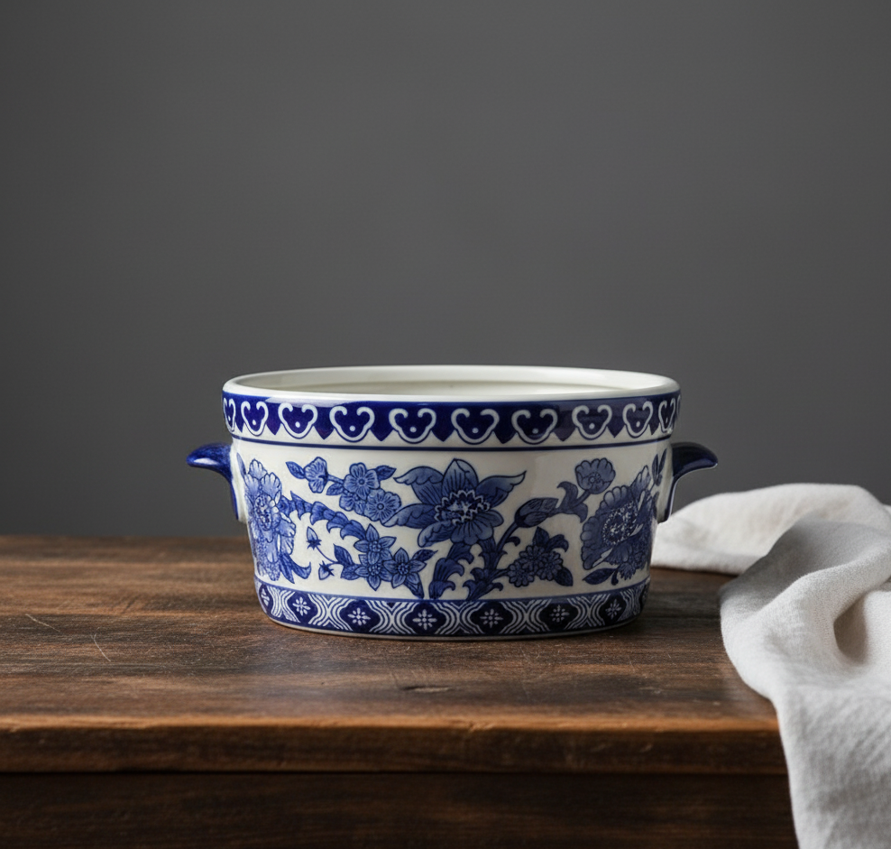 Hvit og blå jardinière blomsterpotte